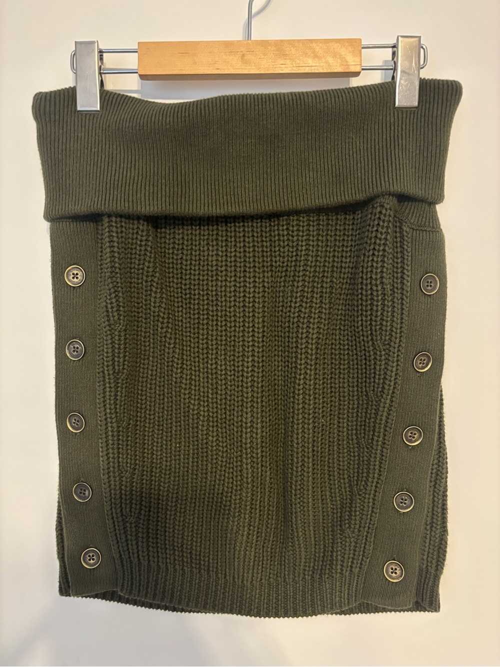 Zara Olive Fold-Over Knit Pencil Skirt with Button Trim
